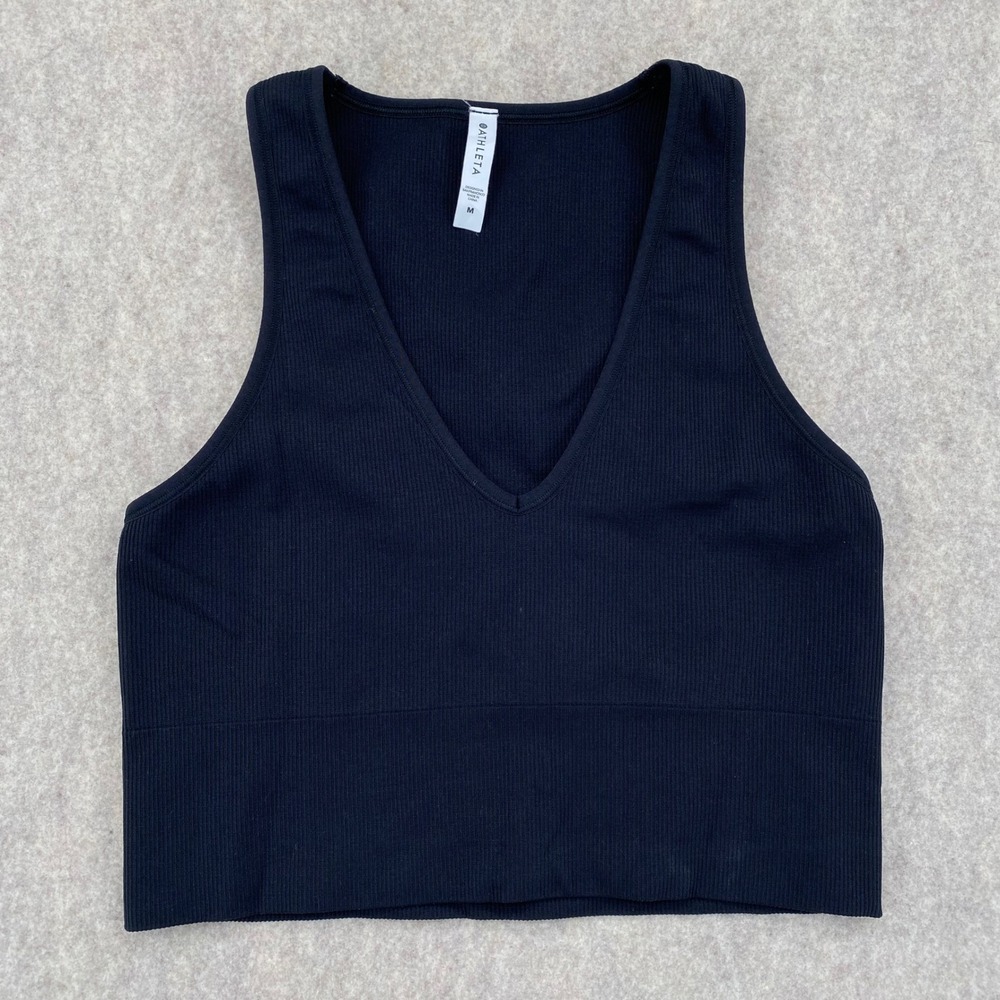 Athleta Aurora Black Seamless Crop Ribbed Tank V Neck Activewear Top Medium